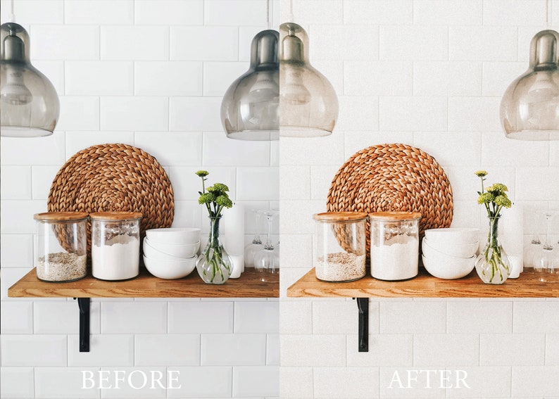 May include: A white tiled kitchen with a wooden shelf. The shelf has two glass jars with lids, a woven round placemat, and a vase with green flowers. The shelf is supported by black metal brackets. The text "BEFORE" is below the shelf.