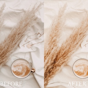 May include: A before and after image showing the difference in colour and brightness of a photo. The image shows a cup of coffee, pampas grass, and gold jewellery on a white fabric background. The image on the left is labelled "BEFORE" and the image on the right is labelled "AFTER".