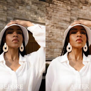 May include: A before and after photo of a person wearing a white bucket hat, white shirt, and large hoop earrings. The photo on the left shows the original image, while the photo on the right shows the image after editing.