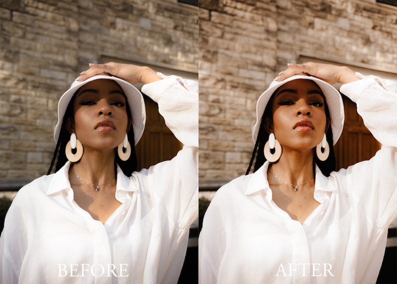 May include: A before and after photo of a person wearing a white bucket hat, white shirt, and large hoop earrings. The photo on the left shows the original image, while the photo on the right shows the image after editing.