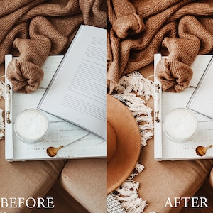 May include: A white tray with a brown knitted blanket, a book, a white mug, and a gold spoon. The tray is sitting on a brown sofa.
