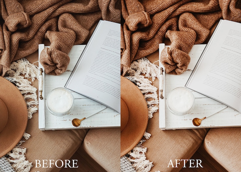 May include: A white tray with a brown knitted blanket, a book, a white mug, and a gold spoon. The tray is sitting on a brown sofa.