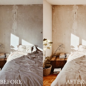 May include: A bedroom with a bed made with white linen, a wooden bedside table with books stacked on top, and a potted plant in a woven basket. The wall is a light beige colour with a crack running down the centre. The text "BEFORE" is at the bottom left of the image and "AFTER" is at the bottom right of the image.