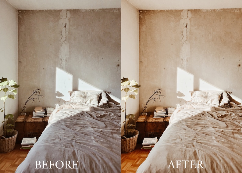 May include: A bedroom with a bed made with white linen, a wooden bedside table with books stacked on top, and a potted plant in a woven basket. The wall is a light beige colour with a crack running down the centre. The text "BEFORE" is at the bottom left of the image and "AFTER" is at the bottom right of the image.