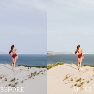 May include: Before and after photo of a woman in a red swimsuit standing on a sand dune overlooking the sea.
