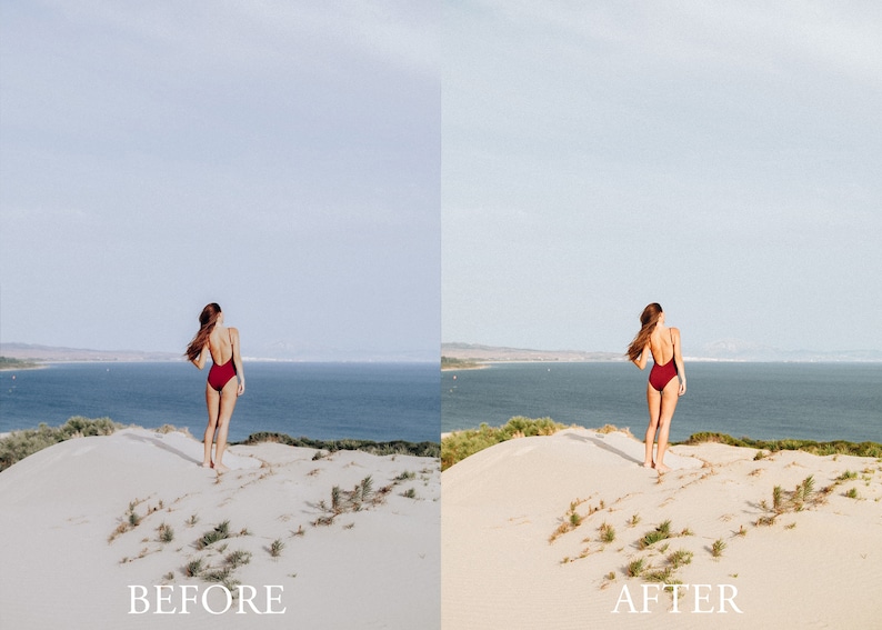 May include: Before and after photo of a woman in a red swimsuit standing on a sand dune overlooking the sea.