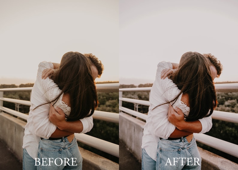 May include: A couple embrace on a bridge with a white railing. The woman is wearing a white shirt and blue jeans. The man is wearing a white shirt and blue jeans. The couple are facing away from the camera.