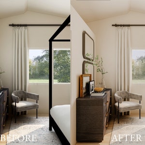 May include: Before and after images of a bedroom featuring a white four-poster bed, a grey armchair, a dresser with a mirror, and a window with white curtains. The room has a light beige wall and a rug on the floor.