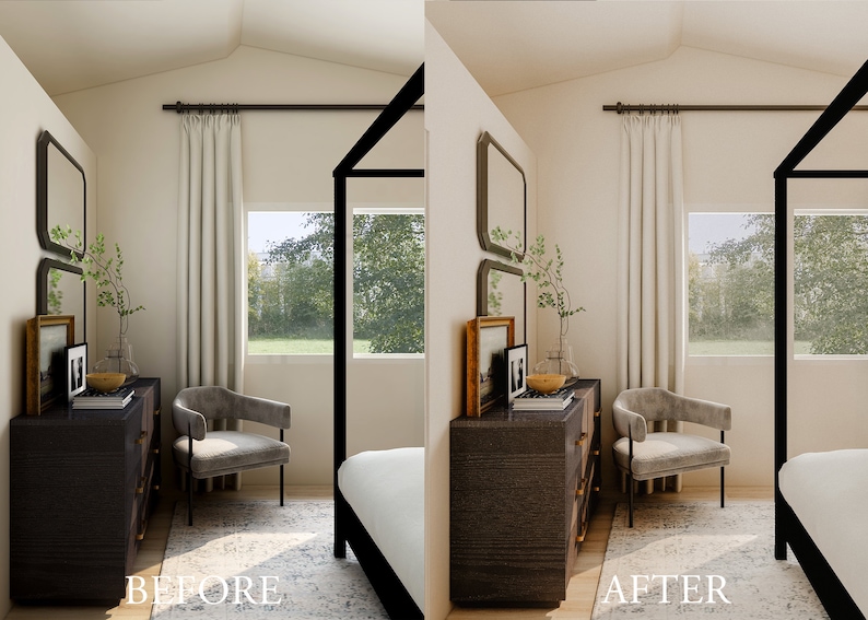 May include: Before and after images of a bedroom featuring a white four-poster bed, a grey armchair, a dresser with a mirror, and a window with white curtains. The room has a light beige wall and a rug on the floor.