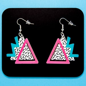 90's Triangle ZigZag Dangle Earrings | Memphis Design Inspired | Bold Geometric Shapes | Sprinkles Pattern | Neon Pop Colors by Eclectic Era