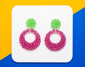 90's Nostalgic Neon Pink & Green Sprinkle Circle Drop Earrings | Bold Retro Mod Statement Piece | Festival Ready