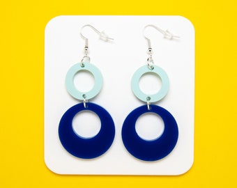 Retro Mod Tiered Circle Earrings | 60s Vibrant Blue Dangles | Nostalgic Statement Jewelry | 90’s Inspired Mid Century Modernist