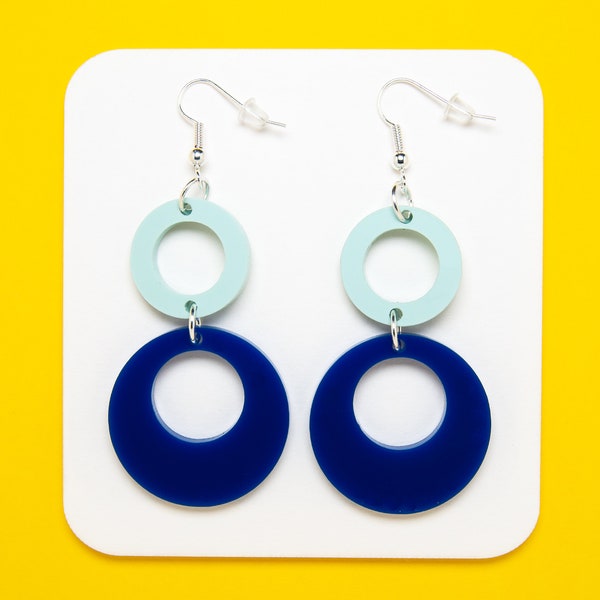 Retro Mod Tiered Circle Earrings | 60s Vibrant Blue Dangles | Nostalgic Statement Jewelry | 90’s Inspired Mid Century Modernist