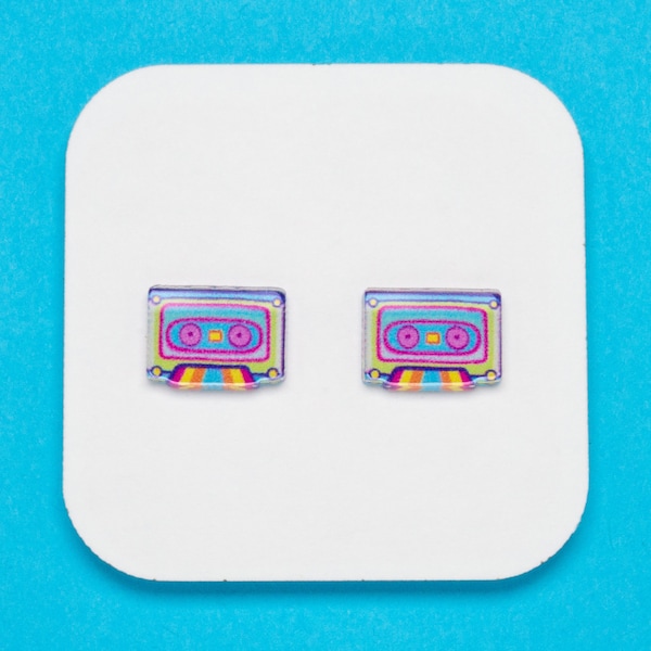 Cassette Tape Stud Earrings | Vibrant Retro Music Jewelry | Hypoallergenic Acrylic Earrings | Eclectic 90's Nostalgia