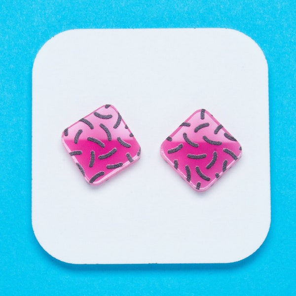 90s Retro Neon Pink Sprinkles Square Stud Earrings | Geometric Studs | Vibrant Y2K Fashion Accessory | Hypoallergenic Everyday Earrings