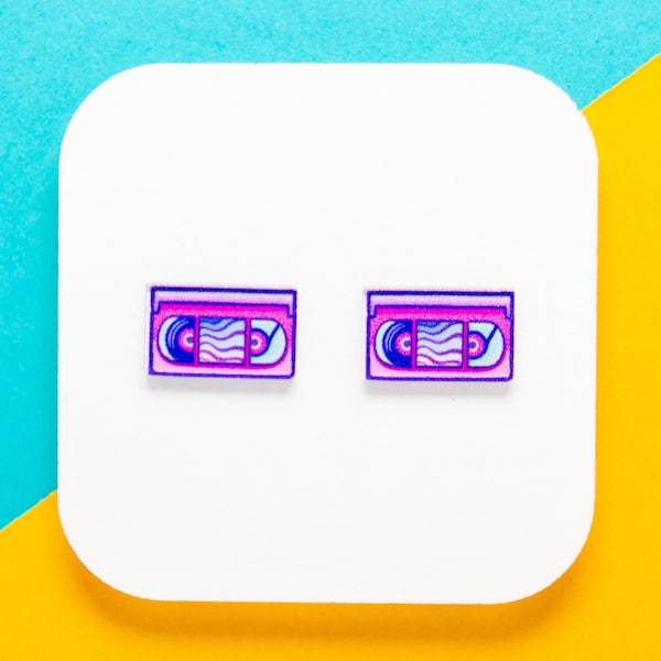 Retro VHS Tape Stud Earrings | Nostalgic 90s Movie Accessories | Quirky Film Buff Jewelry | Miniature Video Tape Studs