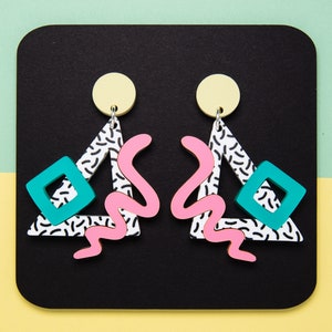 90's Pastel Memphis Magic Drop Earrings | Sprinkle Square Triangle Squiggle | Bold Retro Statement