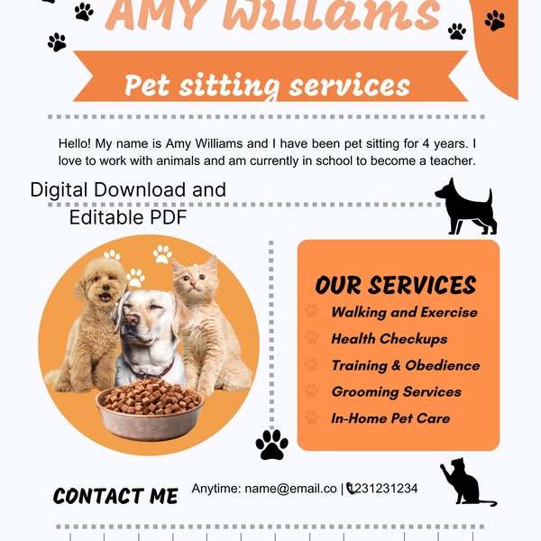 Pet Sitting Services Digital Flyer- Editable PDF - Canva Template - Flyer for Dog walking, Cat Sitting, Pet Sitting Business with Tear-away
