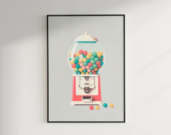 Cute Retro Gumball Machine, Digital Wall Art, Instant Download Art