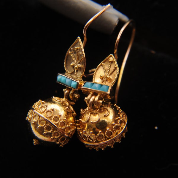 Antique Victorian Edwardian 20KY Gold - Turquoise Wire Applique Globe Earrings