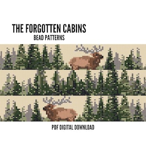 Könnte beinhalten: Digitales Perlenmuster mit einer pixeligen Waldszene mit Elchen. Das Design zeigt drei horizontale Reihen von Bäumen und Elchen in Grün-, Braun- und Beigetönen. Der Text oben lautet "THE FORGOTTEN CABINS BEAD PATTERNS" und unten "PDF DIGITAL DOWNLOAD".