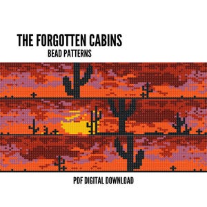 May include: Digital bead pattern featuring a desert sunset scene with cacti. The design uses shades of orange, red, and purple, with the text "THE FORGOTTEN CABINS BEAD PATTERNS" and "PDF DIGITAL DOWNLOAD".