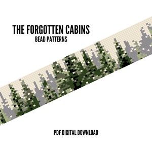 Puede incluir: Un patrón de descarga digital para hacer abalorios de una escena de bosque con abalorios verdes, grises y blancos. El patrón se titula "The Forgotten Cabins Bead Patterns".