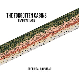 May include: A digital PDF download featuring a pixelated design in shades of green, brown, tan, and white. The text "THE FORGOTTEN CABINS BEAD PATTERNS" is displayed above the design, with "PDF DIGITAL DOWNLOAD" below.