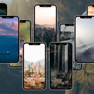 May include: Nine different phone screens displaying various nature scenes, including a lighthouse, a waterfall, a mountain range, a field of flowers, and a beach.