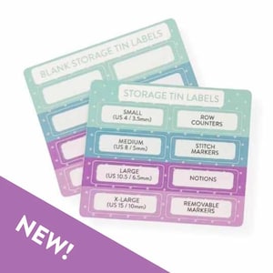 May include: Two sheets of rectangular adhesive storage tin labels with a polka dot pattern in teal, blue, and purple. The labels feature text including Small US 4/3.5mm, Medium US 8/5mm, Large US 10.5/6.5mm, X-Large US 15/10mm, Row Counters, Stitch Markers, Notions, and Removable Markers.