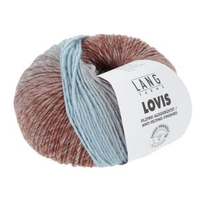 May include: A skein of Lang Yarns Lovis yarn in a blue and brown colorway. The label reads "Lang Yarns Lovis, Filzfrei Ausgerüstet / Anti-Felting-Finished, Sheep Friendly".