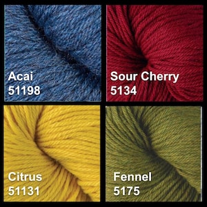 May include: Four skeins of yarn in different colors: Acai (51198) is a deep blue, Sour Cherry (5134) is a deep red, Citrus (51131) is a bright yellow, and Fennel (5175) is a dark green.