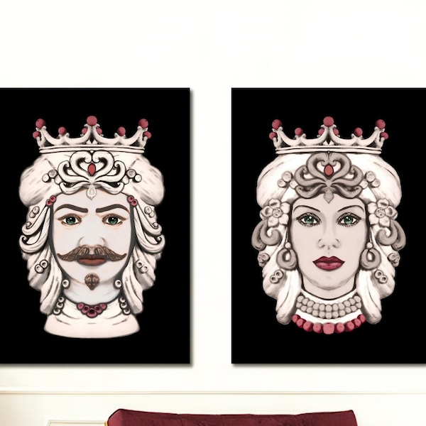 Arte siciliana - Teste di Moro coppia download digitale Arte della parete stampabile Arte delle teste moresche Set di 2 stampe Decorazione della parete uomo e donna