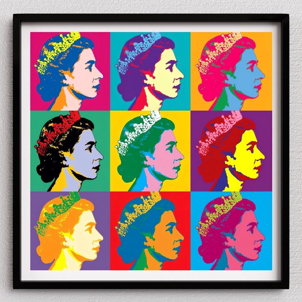 Queen Elizabeth II Pop Art poster Andy Warhol digital download Printable wall art 9 colorful reproductions of the Queen in one print