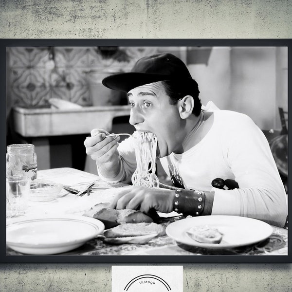 Alberto Sordi comiendo macarrones descarga digital decoración de pared italiana Arte de pared imprimible Un americano en Roma cartel de la película Diner print