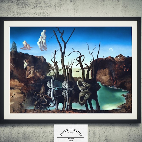 Swans Reflecting Elephants Salvador Dal digitaler Download Printable Vintage moderne Wand Kunst Dekor surrealistische Kunst