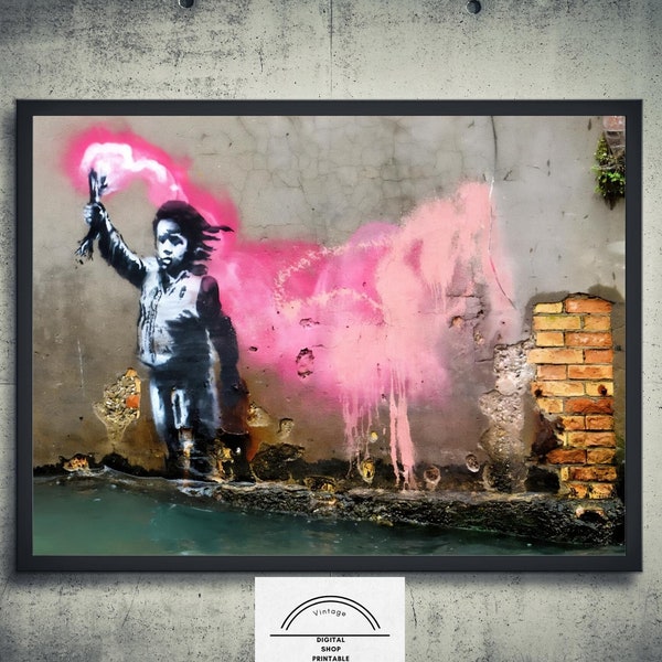 Migrant Child Banksy digital download Printable graffiti wall art Street Art in Venice Shipwrecked child with flashlight Street art print