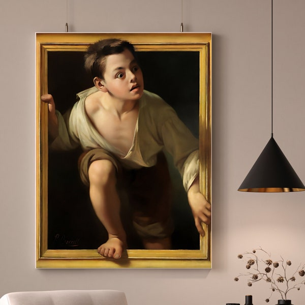 Escaping Criticism Pere Borrell del Caso digital download Printable vintage wall art Boy coming out of the frame print Trompe-l'oeil 3D art