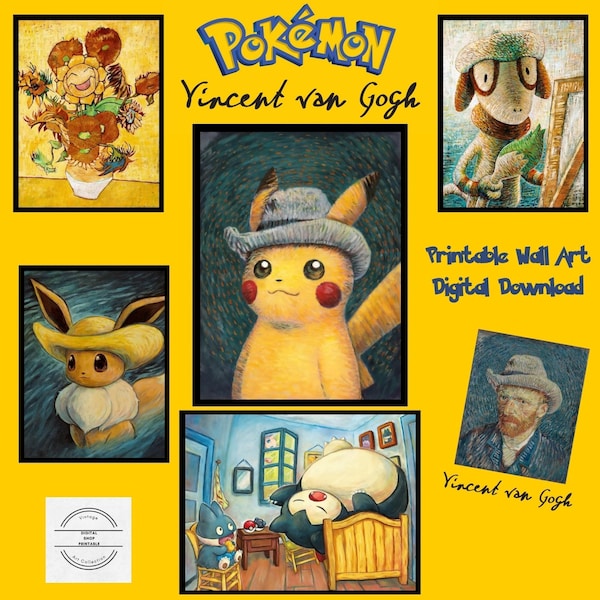 Pokemon inspiriert von Van Gogh digitaler Download Druckbare Wandkunst Pikachu Druck, Evoli Druck, Snorlax Druck, Smeargle Druck, Sunflora Druck