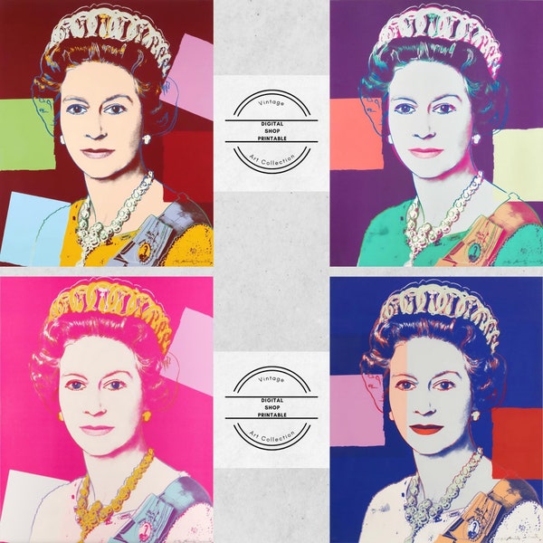 Reigning Queens by Andy Warhol - Queen Elizabeth II portrait poster Pop Art Gallery Wall Art Set digital download Printable modern art set