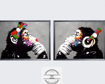 DJ Monkey and Lady Monkey Banksy digital download Printable wall art Set of 2 prints Couple of Monkey posters Graffiti wall decor Street art