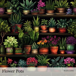 May include: A digital illustration of various potted plants and flowers on wooden shelves against a black background. The image features a variety of plants in different sizes and colors, including green, pink, and yellow. The text "Flower Pots" is at the bottom.