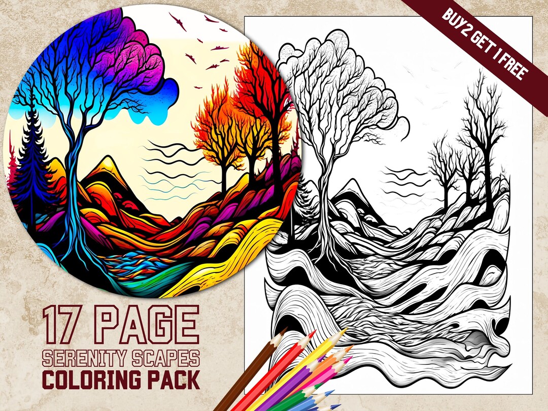Serenity Scapes Coloring Book PDF 17 Printable Landscape Coloring Pages Downloadable Calming ...