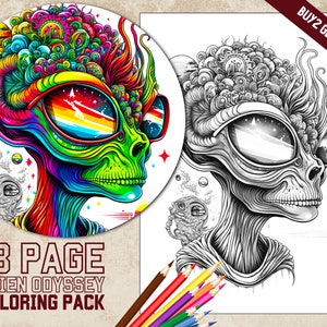 Alien Odyssey Coloring Book PDF| 18 Printable Adult Coloring Pages| 18 Downloadable Psychedelic coloring sheets