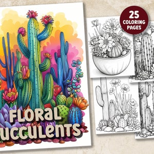 Floral Succulents Coloring Pages| Cactus Printable Coloring Book PDF| Grayscale Downloadable Coloring Sheets for Adults and Kids