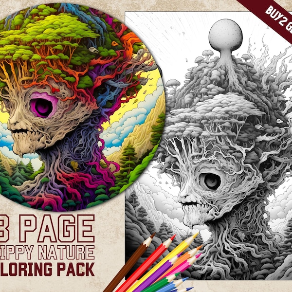 Trippy Nature Adult Coloring Pages| Printable Abstract coloring book PDF| 18 psychedelic fantasy coloring sheets