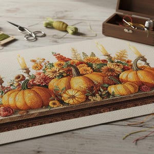 Peut inclure: Une broderie représentant une nature morte de citrouilles, de fleurs et de bougies. Les citrouilles sont orange et jaune, avec des tiges vertes. Les fleurs sont dans des tons orange, jaune et rouge. Les bougies sont blanches. Des fournitures de broderie sont éparpillées.