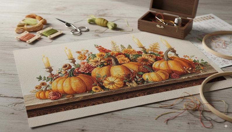 Autumn Pumpkin & Floral Cross Stitch Pattern • Harvest Still Life (PDF ...