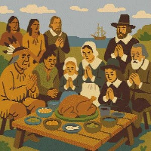 Könnte beinhalten: Eine pixelige Illustration zeigt eine Thanksgiving-Szene. Eine Gruppe von Menschen, darunter amerikanische Ureinwohner und Pilger, versammelt sich um einen Tisch mit Essen, darunter eine gebratene Pute. Sie alle senken ihre Köpfe im Gebet, mit einem Schiff im Hintergrund.