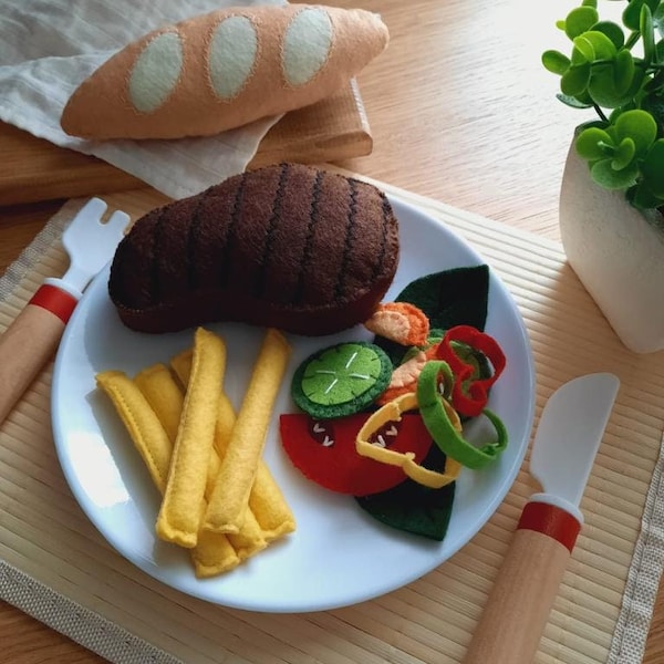 Felt Steak Menu,Handmade Fun Felt Toys,Imitation Game,Eco-Friendly Felt Food Toy for Kids,Montessori,Educational Kitchen Toys,CookingToys